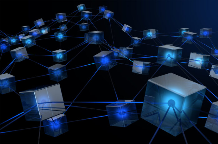 A concept showing a network of interconnected blocks of data depicting a cryptocurrency blockchain data on a dark background