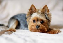 a yorkie on the bed