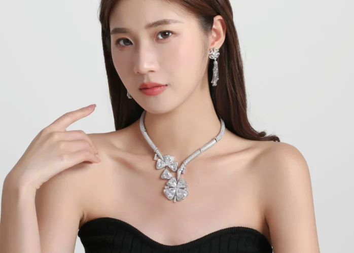 Asian woman wearing moissanite jewelry